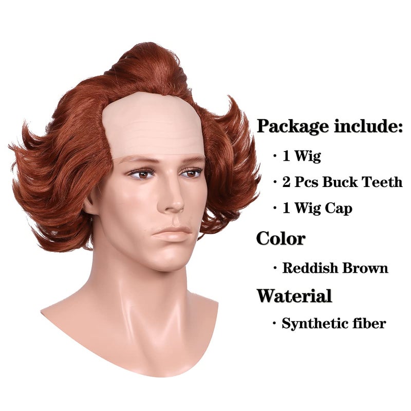 ColorGround Brown Prestyled Bald Cosplay Wig with Buck Teeth Caps for Halloween - Image 2
